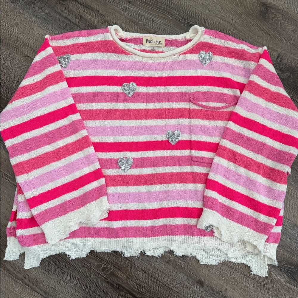 Peach Love California Pink & White Striped Heart Sweater